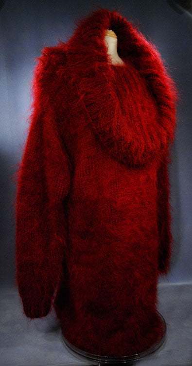 Hand-knit fuzzy mohair large-cowlneck sweaterdress in deep red full-length design