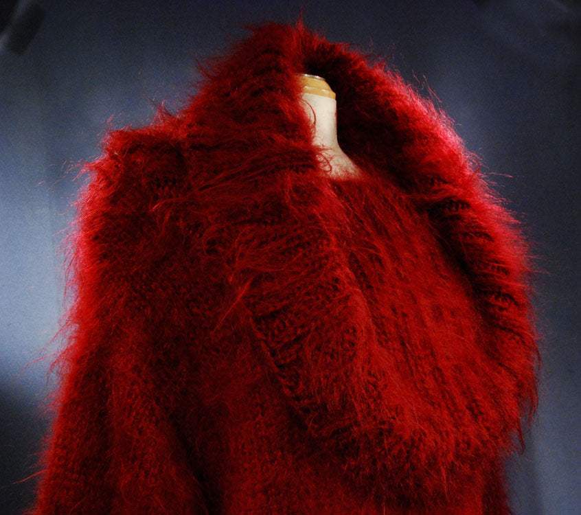 Hand-knit full-length fuzzy red mohair large-cowlneck sweaterdress on mannequin