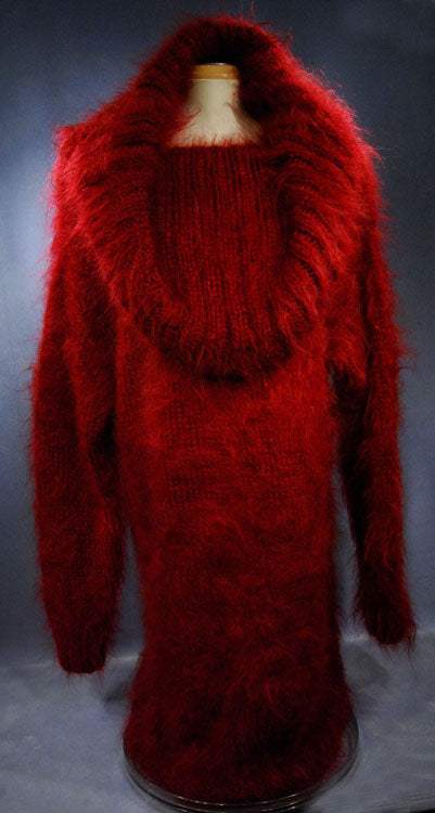 Red hand-knit mohair large-cowlneck sweaterdress with fuzzy full-length design on mannequin
