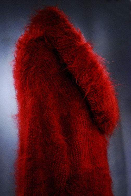 Red hand-knit full-length fuzzy mohair sweaterdress with large cowlneck collar