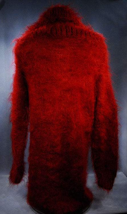 Red hand-knit fuzzy mohair large-cowlneck sweaterdress with long sleeves and full length.