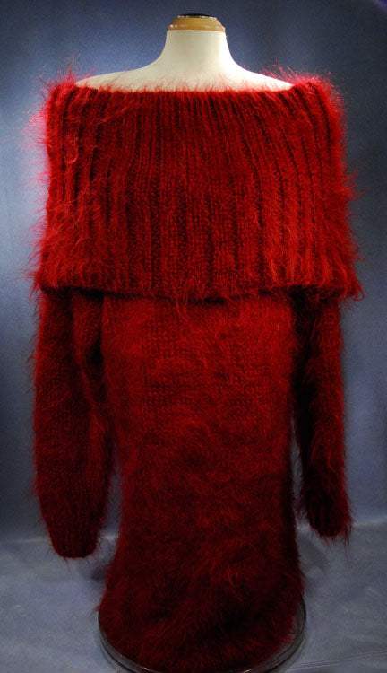 Hand-knit full-length red mohair sweaterdress with large cowlneck collar