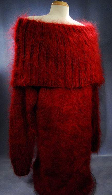 Red mohair large-cowlneck fuzzy hand-knit full-length sweaterdress on mannequin