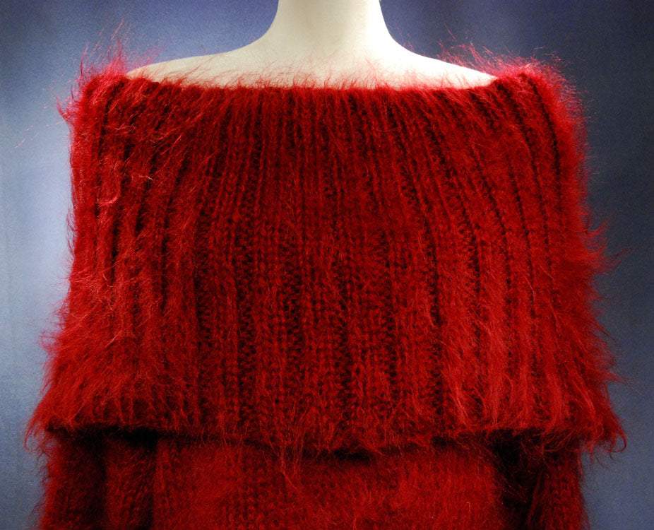 Red hand-knit mohair large-cowlneck fuzzy sweaterdress on mannequin