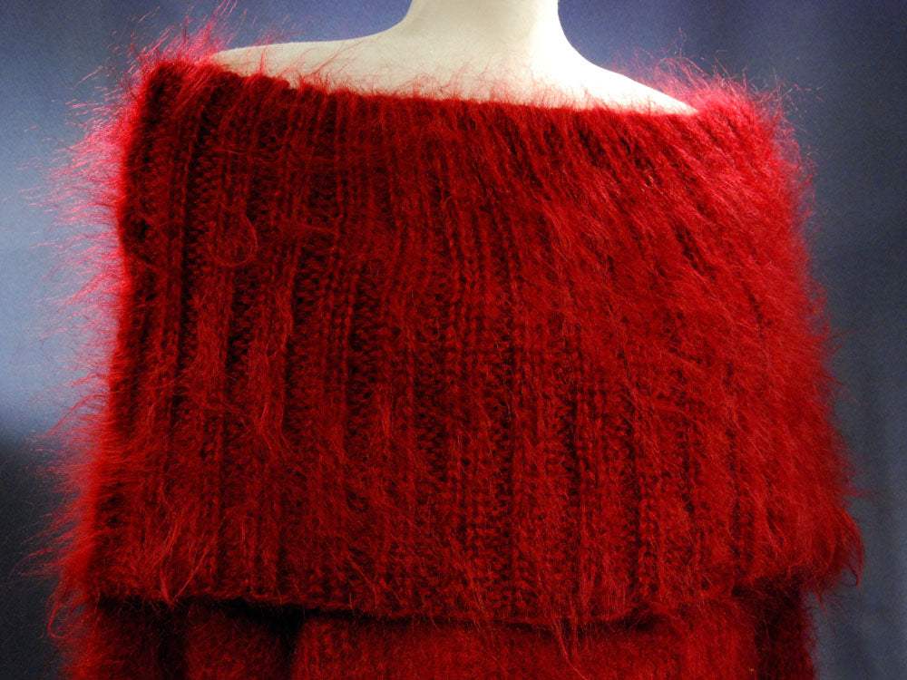 Red fuzzy hand-knit mohair large-cowlneck full-length sweaterdress
