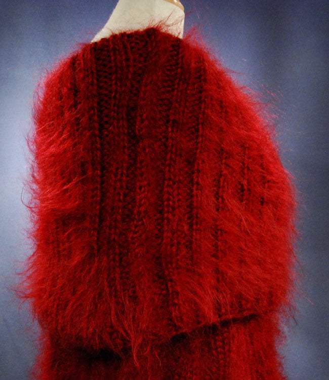 Red hand-knit full-length fuzzy mohair sweaterdress with large cowlneck collar