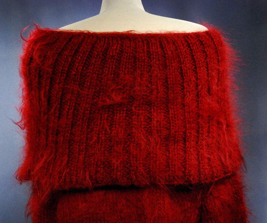 Red fuzzy hand-knit mohair large-cowlneck sweaterdress with full-length design