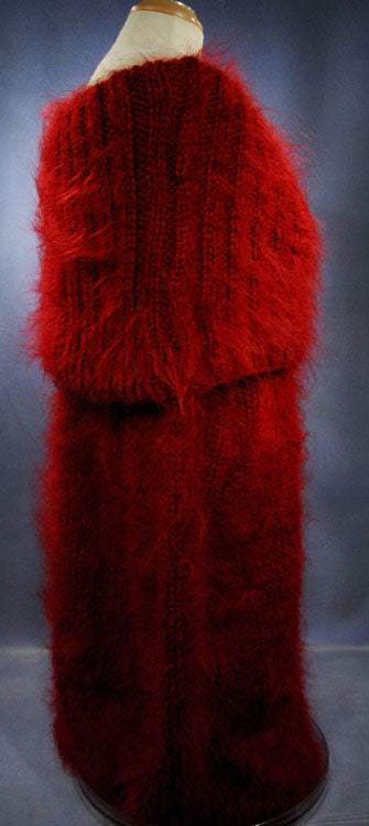 Red hand-knit full-length fuzzy mohair large-cowlneck sweaterdress on mannequin