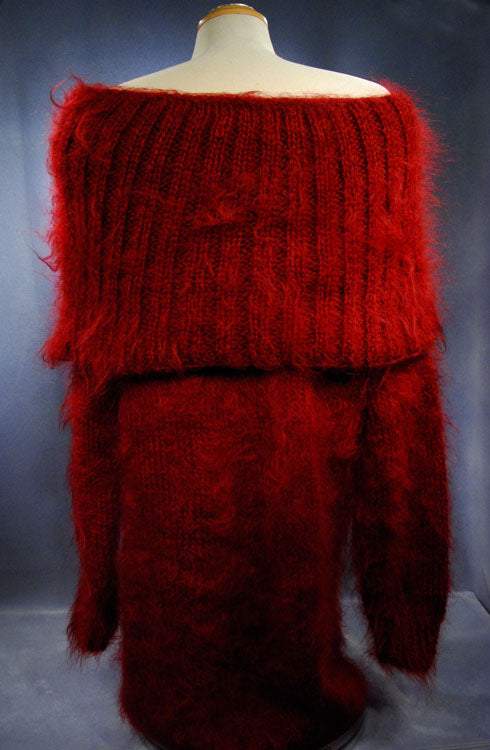 Red hand-knit fuzzy mohair large-cowlneck full-length sweaterdress on mannequin