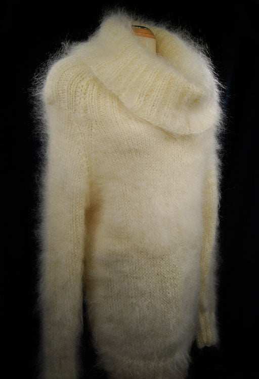 Creamy white hand-knit fuzzy mohair large-cowlneck sweaterdress with long sleeves.
