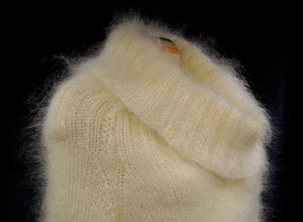 Hand-knit full-length fuzzy mohair sweaterdress with large cowlneck collar in cream color