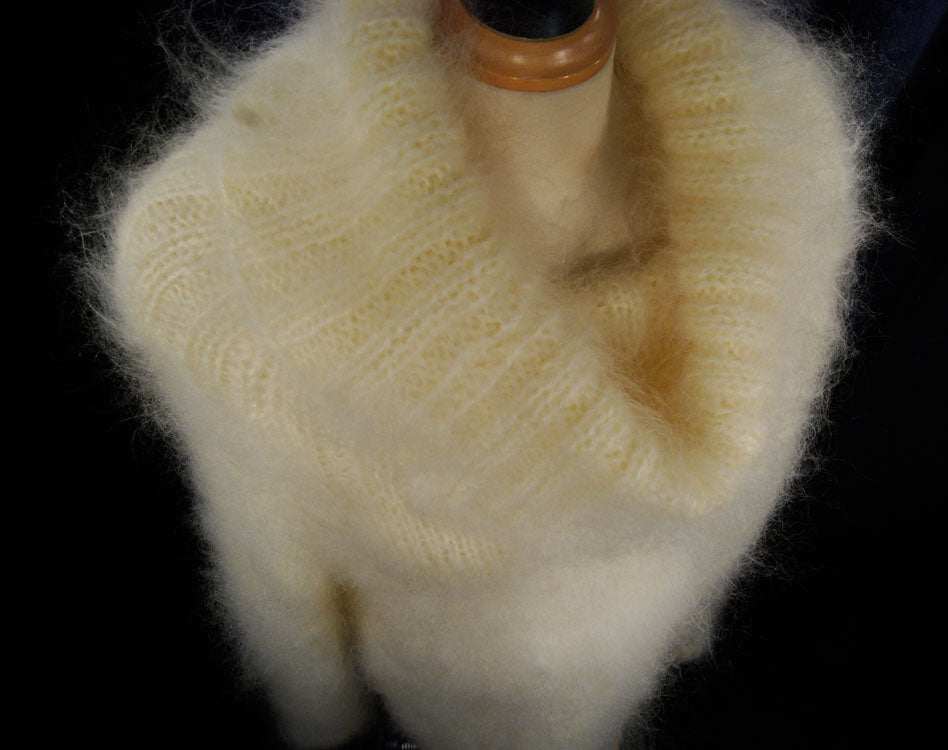 Hand-knit full-length fuzzy mohair sweaterdress with large cowlneck collar in cream white