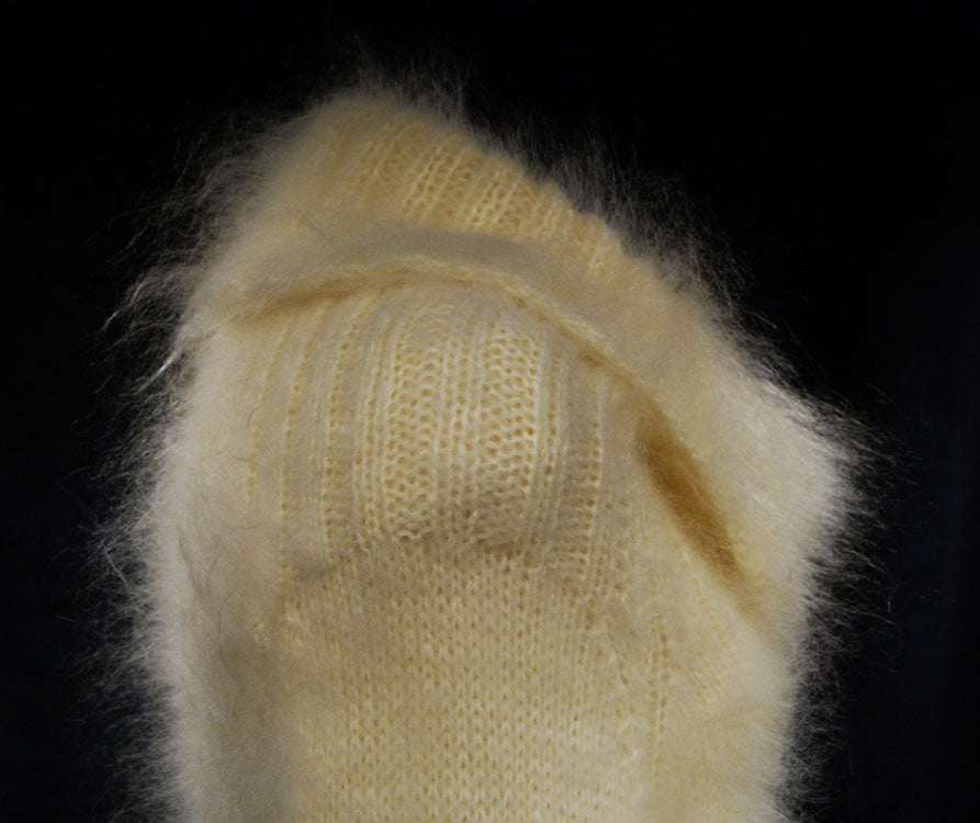 Hand-knit full-length fuzzy mohair sweaterdress with large cowlneck collar