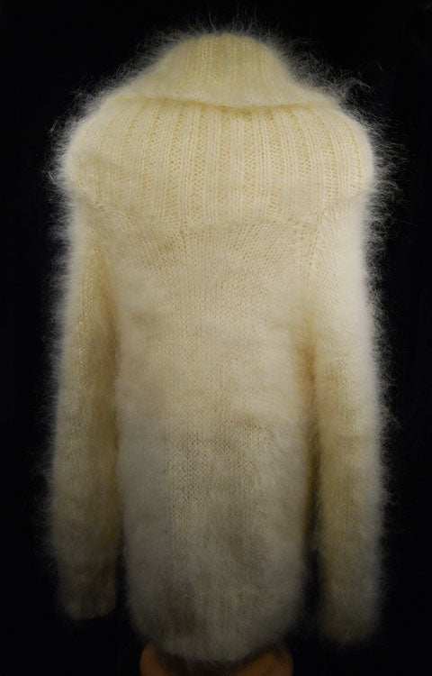 Hand-knit full-length fuzzy mohair sweaterdress with large cowlneck collar in cream color