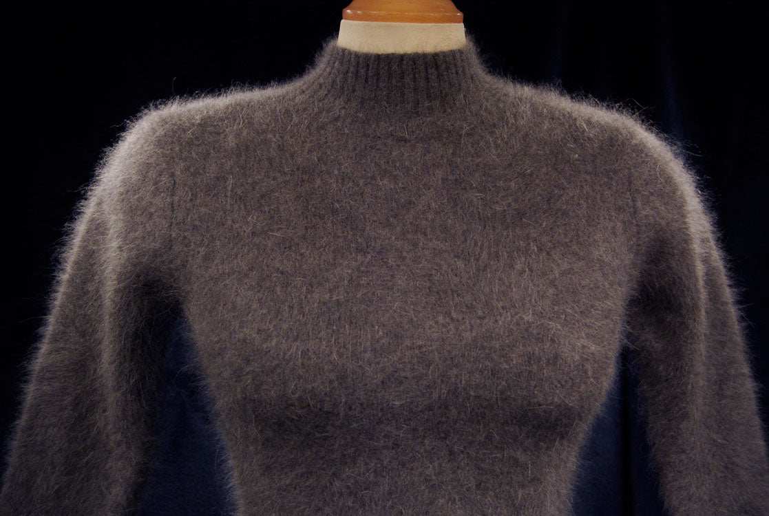 Woman's brownish-grey angora mock-turtleneck sweater with three-quarter sleeves, size XS/S