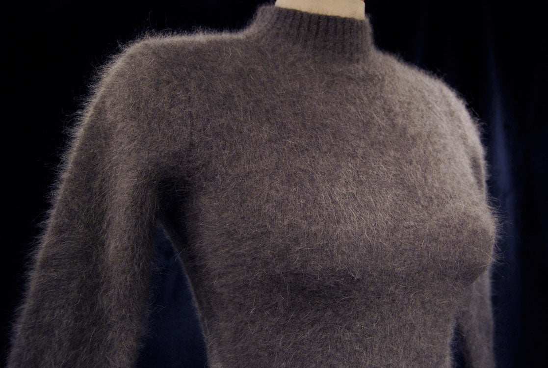 Woman's brownish-gray angora mock turtleneck sweater with three-quarter sleeves in size XS/S