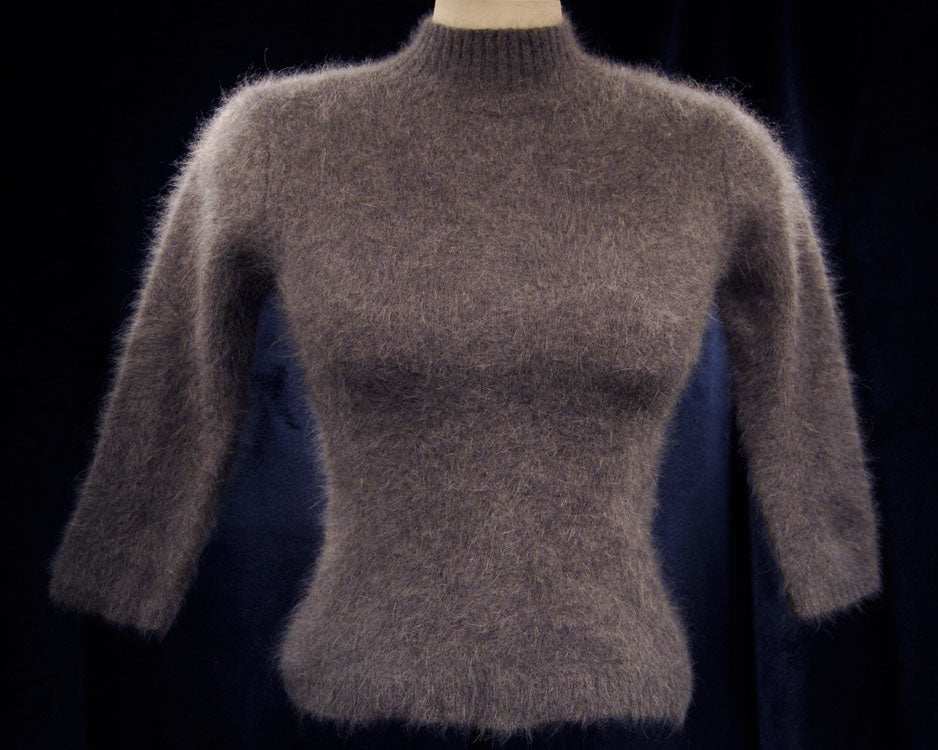 Woman's grey angora mock-turtleneck sweater with three-quarter sleeves in size XS/S