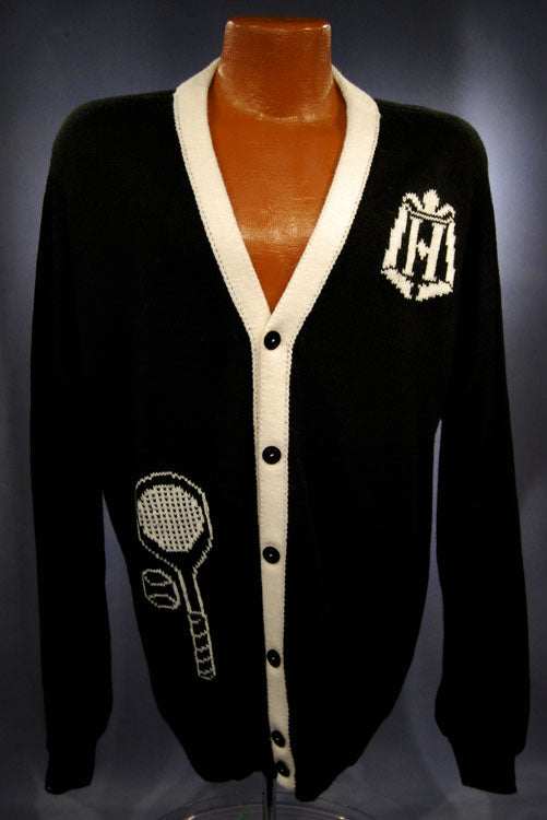 Woman's black cardigan tennis sweater with white trim and tennis racket design, large size