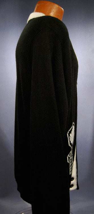 Woman's black cardigan tennis sweater with white trim and tennis racket design on front by Knitter-bug Studio in large size
