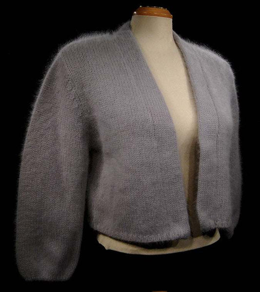 Woman's Angora Shrug cardigan sweater by Moda International for Victoria Secrets, soft open-front cropped three-quarter sleeve design