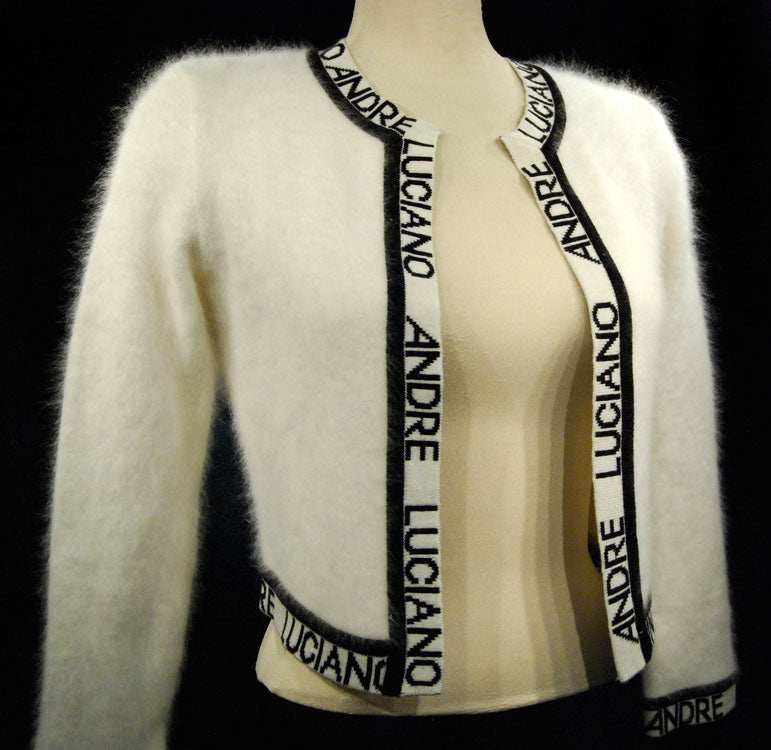 Woman's fancy white angora open-front cardigan sweater with black embroidered Andre Luciano trim, size XS