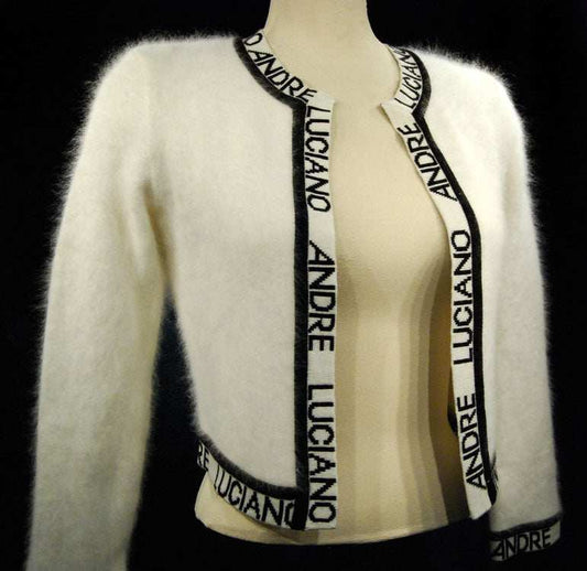 Woman's fancy white angora open-front cardigan sweater with black embroidered Andre Luciano trim, size XS