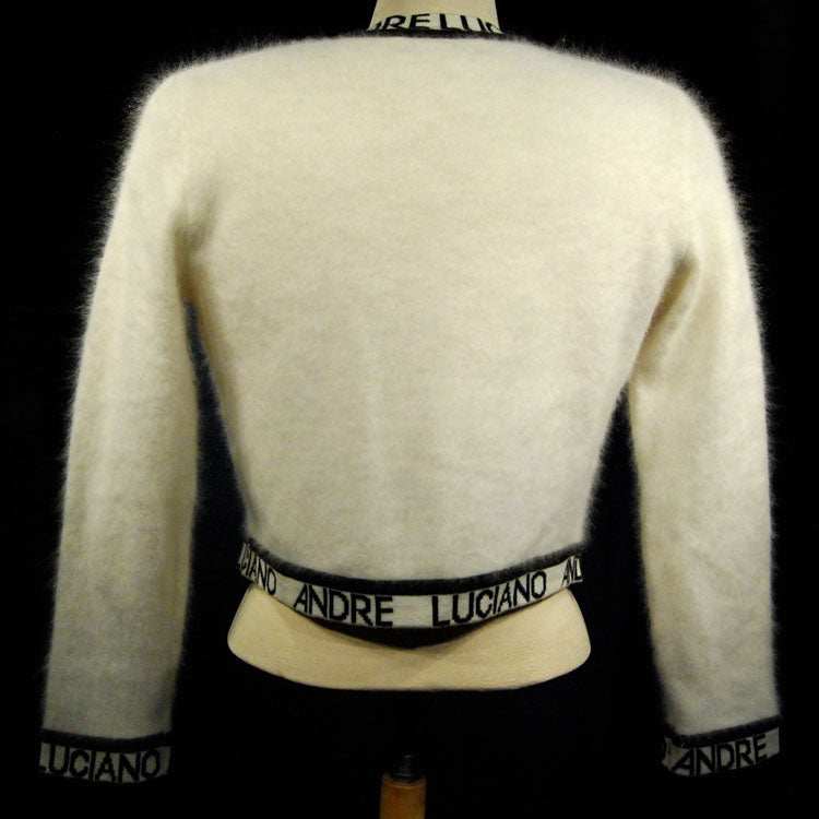 Woman's fancy white angora open-front sweater with Andre Luciano embroidered trim, size XS