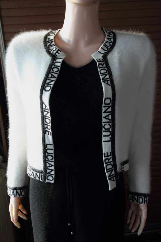 Woman's fancy white angora open-front sweater with embroidered Andre Luciano trim, size X-Small