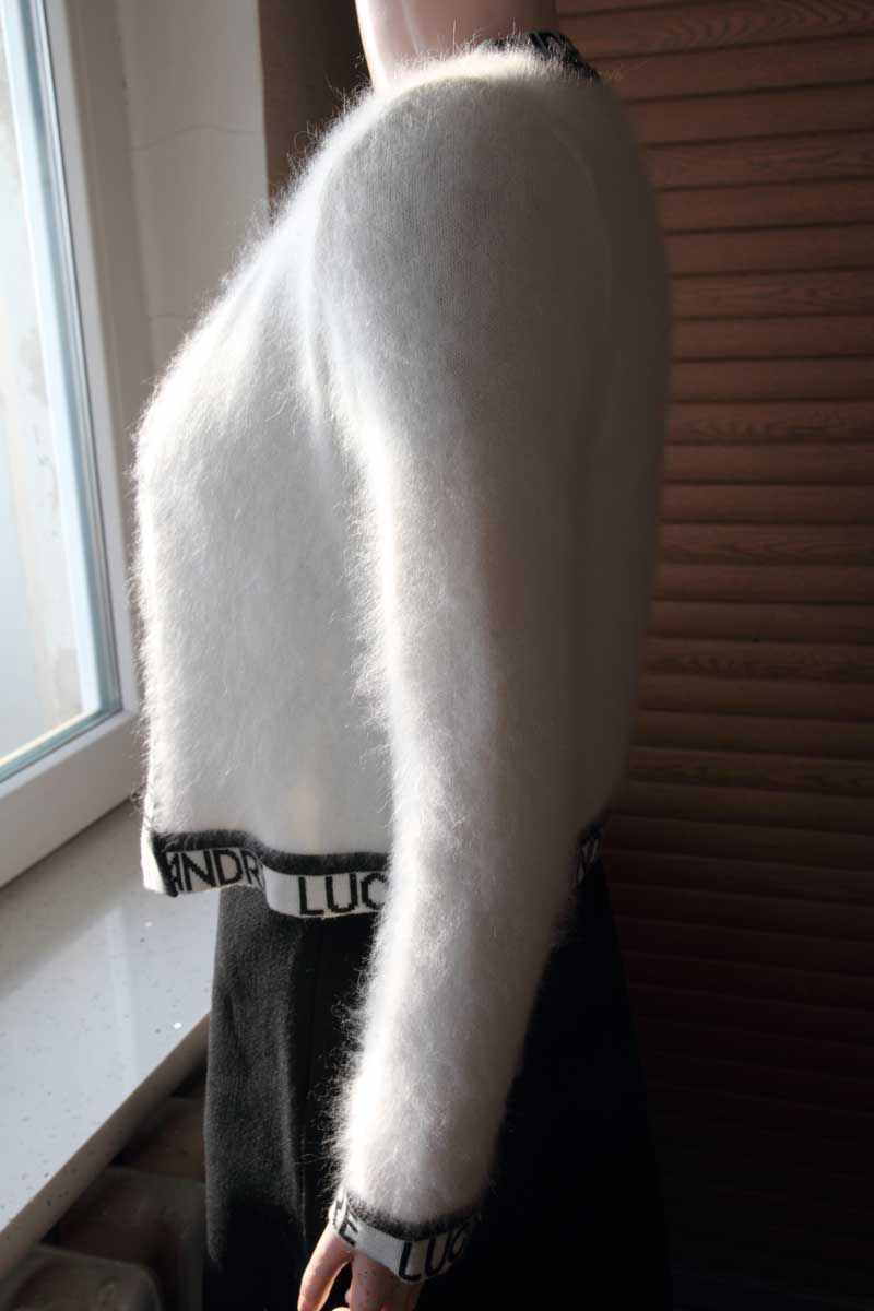Woman's fancy white angora open-front cardigan sweater with embroidered Andre Luciano trim, size X-Small