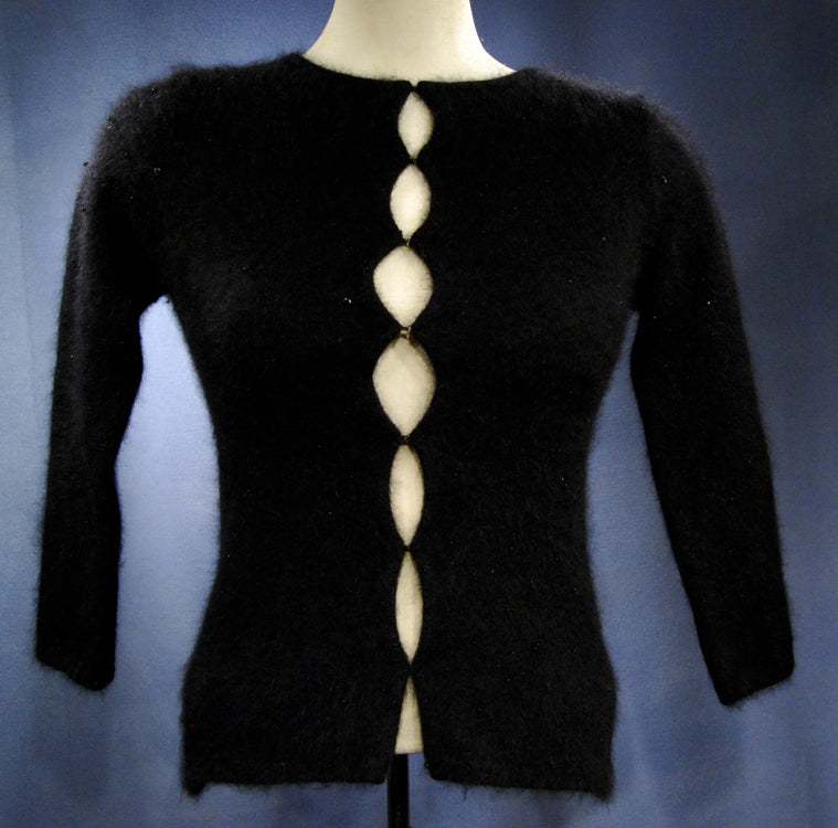 Woman's black angora cardigan sweater with unique hook and loop closures, size XX-Small