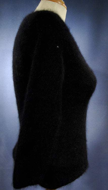 Woman's black angora cardigan sweater with unique hook and loop closures, size XX-Small