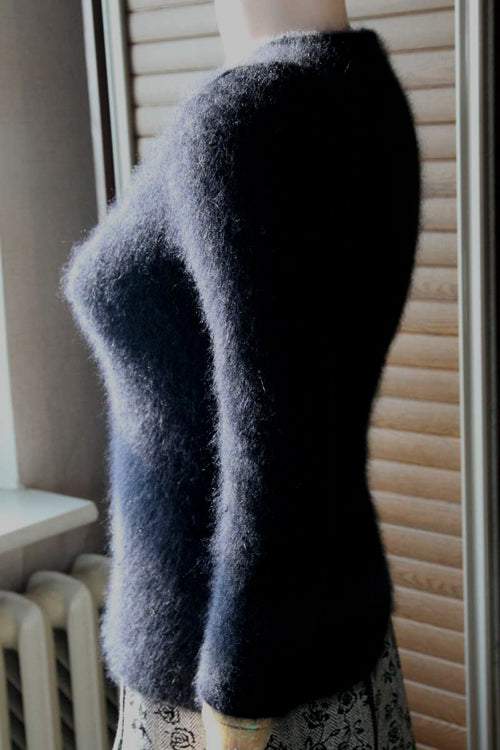Woman's black angora cardigan sweater with unique hook and loop closures in size XX-Small