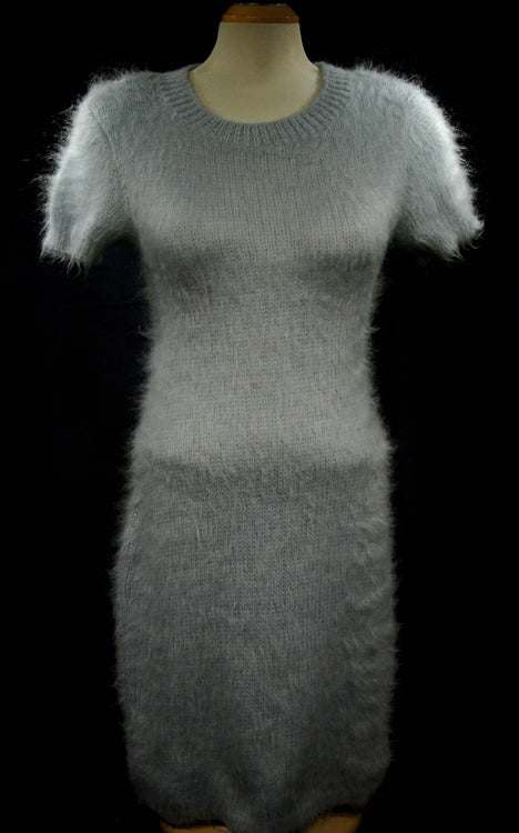 Powder-blue mohair soft fuzzy full-length sweaterdress with short sleeves on mannequin