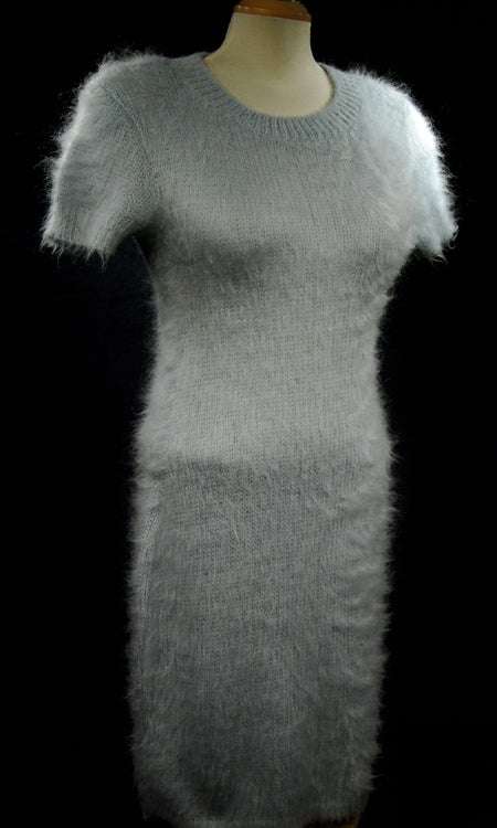 Powder-blue mohair soft fuzzy full-length sweaterdress with short sleeves on mannequin