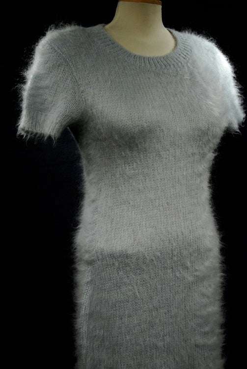 Powder-blue mohair soft fuzzy full-length sweaterdress with short sleeves on mannequin