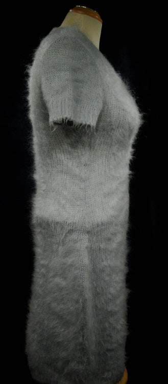 Powder-blue mohair full-length soft fuzzy sweaterdress with short sleeves on mannequin