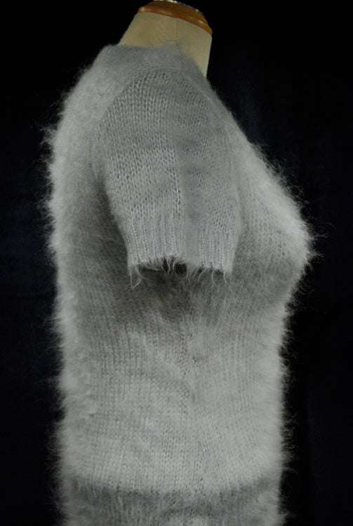 Powder-blue mohair soft fuzzy short-sleeve sweaterdress on mannequin