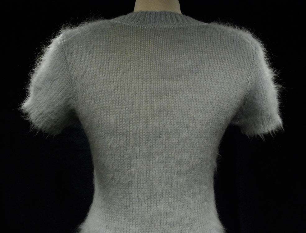 Powder-blue mohair soft fuzzy short-sleeve sweaterdress back view in X-Small size