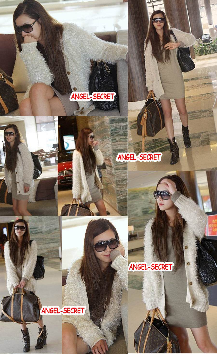 Woman wearing a fuzzy white woman's eyelash cardigan sweater with front pockets over a beige dress and sunglasses, carrying a handbag.
