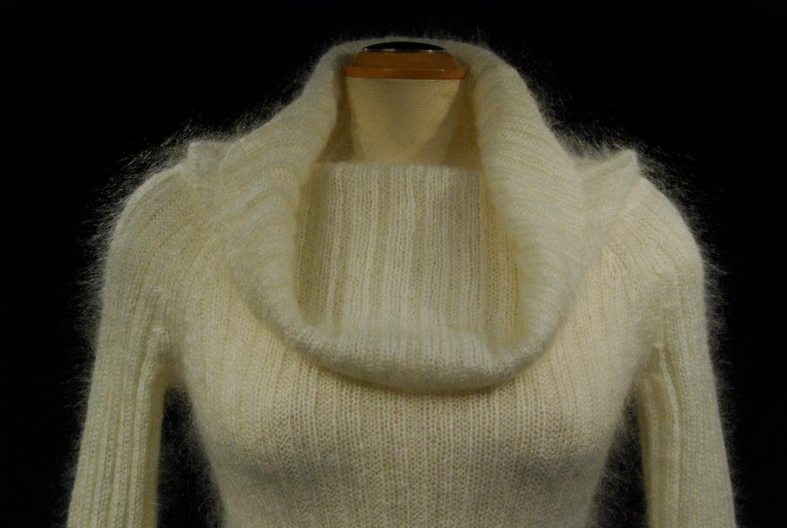 Woman's white mohair cowlneck sweater medium size with fuzzy texture