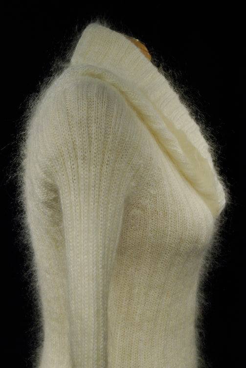 Woman's white fuzzy mohair deep cowlneck pullover sweater medium size