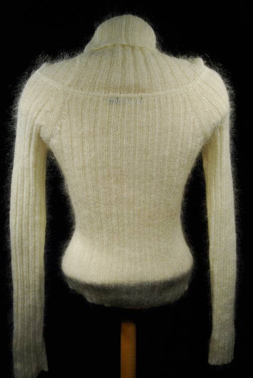 Woman's white fuzzy mohair cowlneck sweater with long sleeves and ribbed texture, medium size