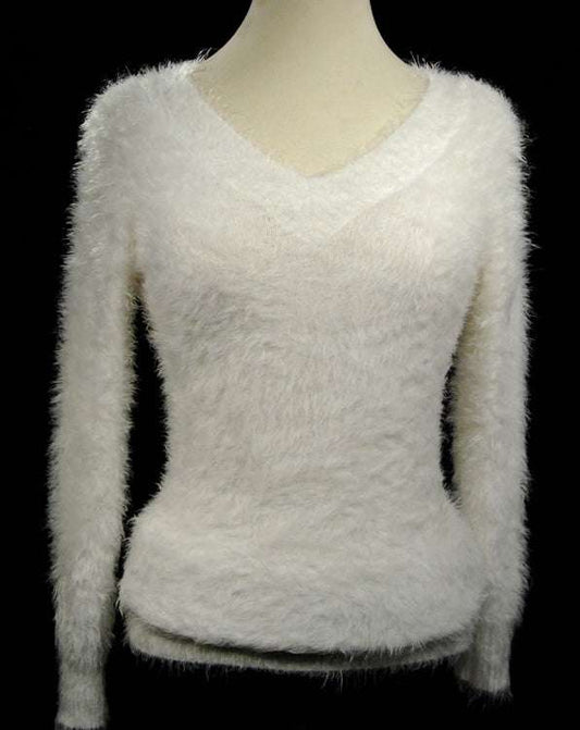 Woman's white ultra-soft fuzzy V-neck pullover sweater with long sleeves and cling fit design