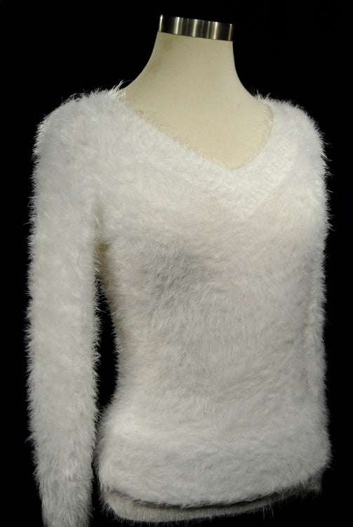 Woman's white ultra-soft fuzzy V-neck sweater with long sleeves and cling fit