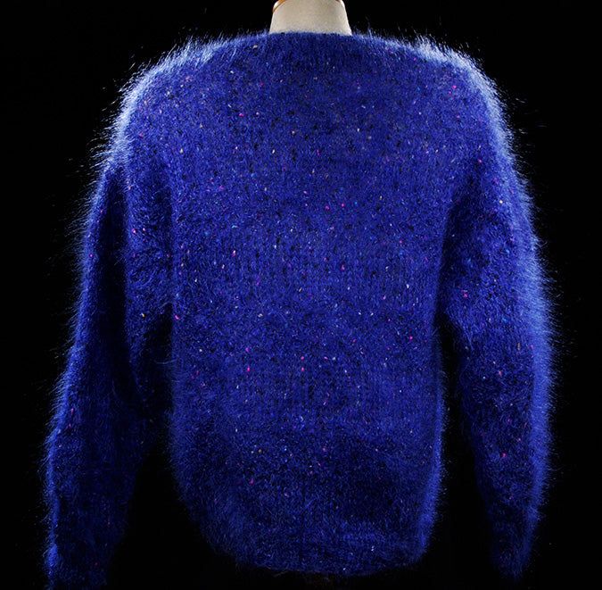 Woman's blue speckled mohair v-neck sweater with colorful knit-in specks by Icelandic Design, medium size, pre-owned