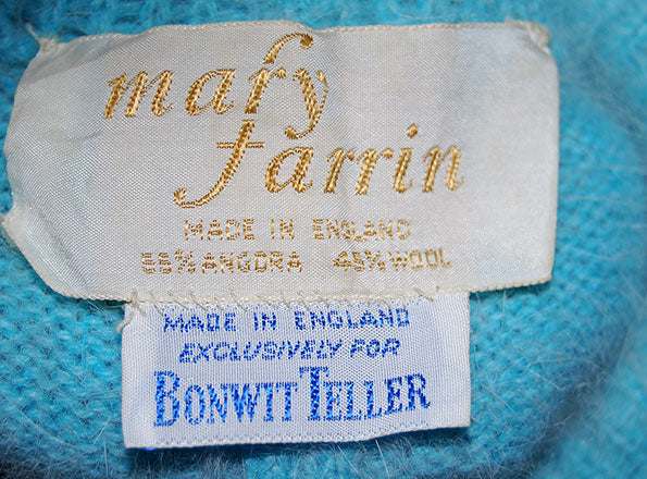 Mary Farrin label on aqua angora sweaterdress set by Bonwit Teller made in England