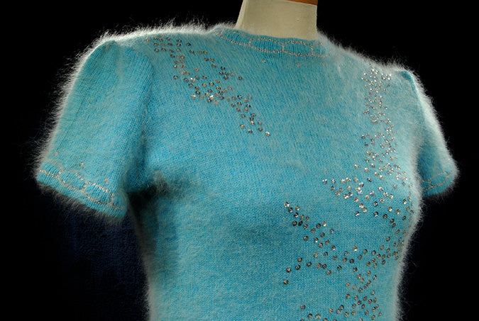 Woman's two-piece aqua angora sweaterdress with sequins and rhinestone embellishments by Mary Farrin for Bonwit Teller