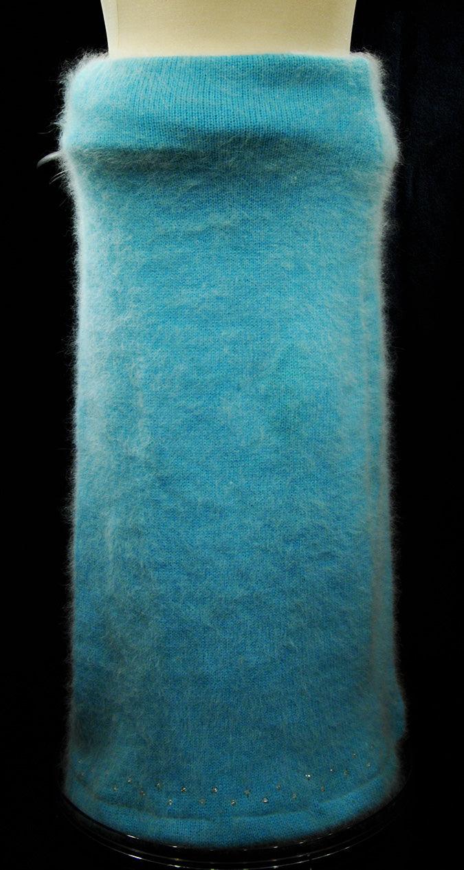 Woman's aqua angora fuzzy skirt with rhinestone trim from two-piece matching sweaterdress set