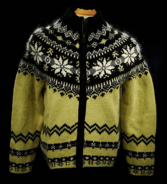 Woman's black and yellow angora zip-up sweater with snowflake design