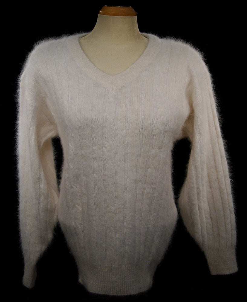 Woman's white angora rib-knit V-neck sweater by Christine Phillipe in small size